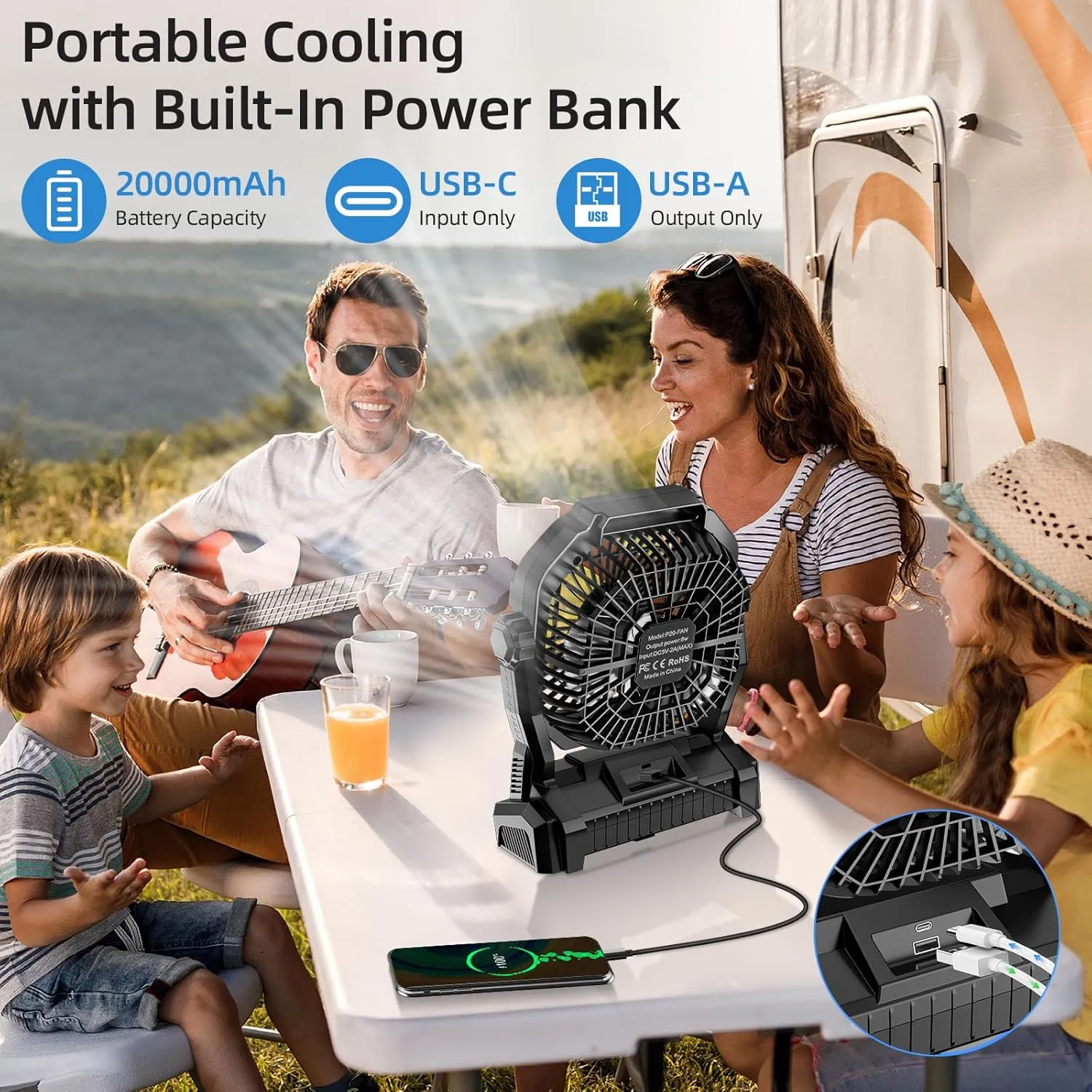 Camping Fan Rechargeable, 20000mAh Battery Powered Portable Fan with LED Light & Hook, 4-Speed 270 Adjustable, Camping Essentials for Tent, Travel, Car, Outdoor, Indoor, BBQ, Fishing, Jobsite
