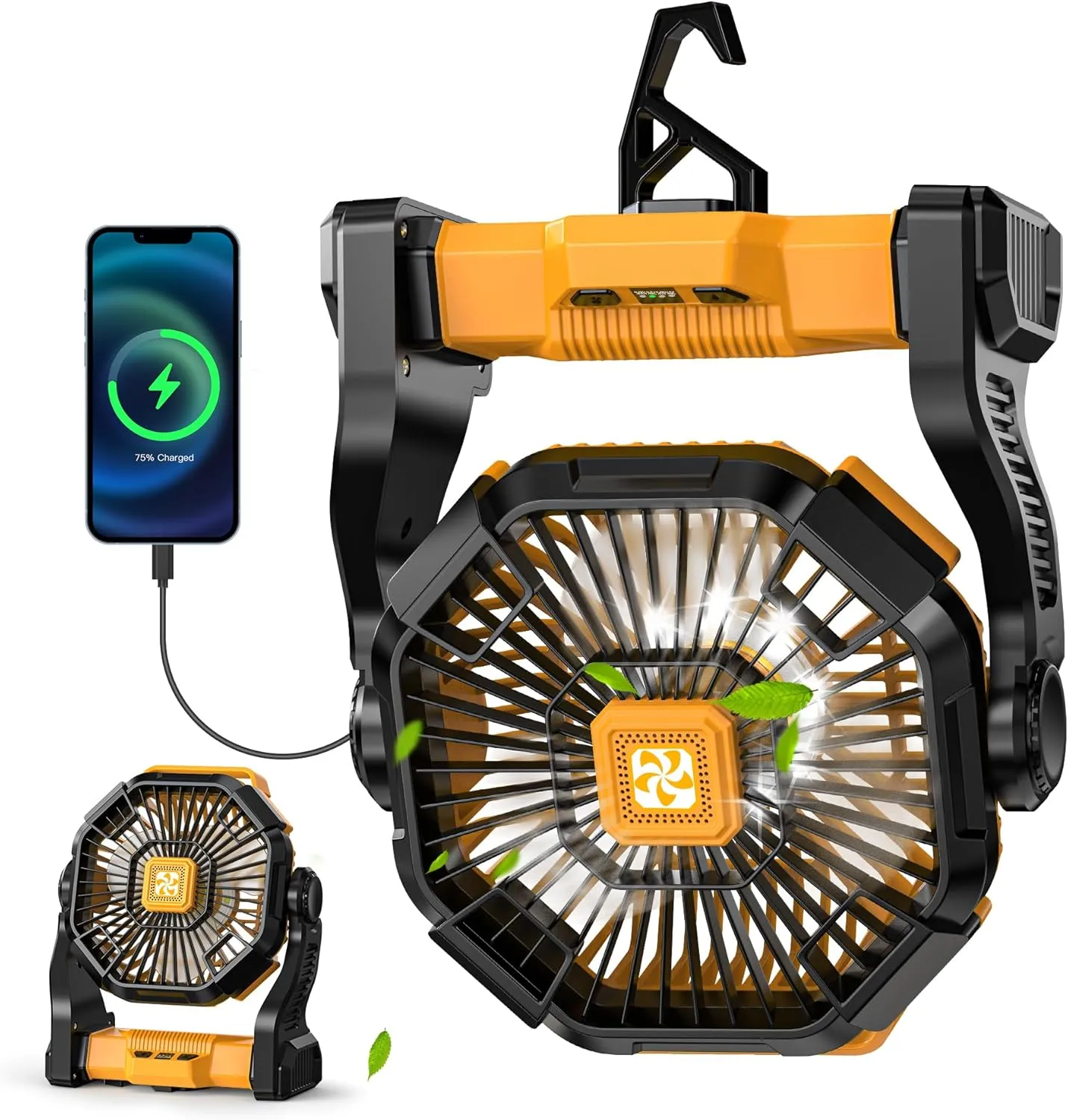 Camping Fan Rechargeable - Battery Powered Fans with Light, 20000mAh Portable Camping Fan for Tents, Hook, 270 Rotation Battery Operated Fans for BBQ Travel Desk Beach with Ventilador Recargable Battery-powered portable fan