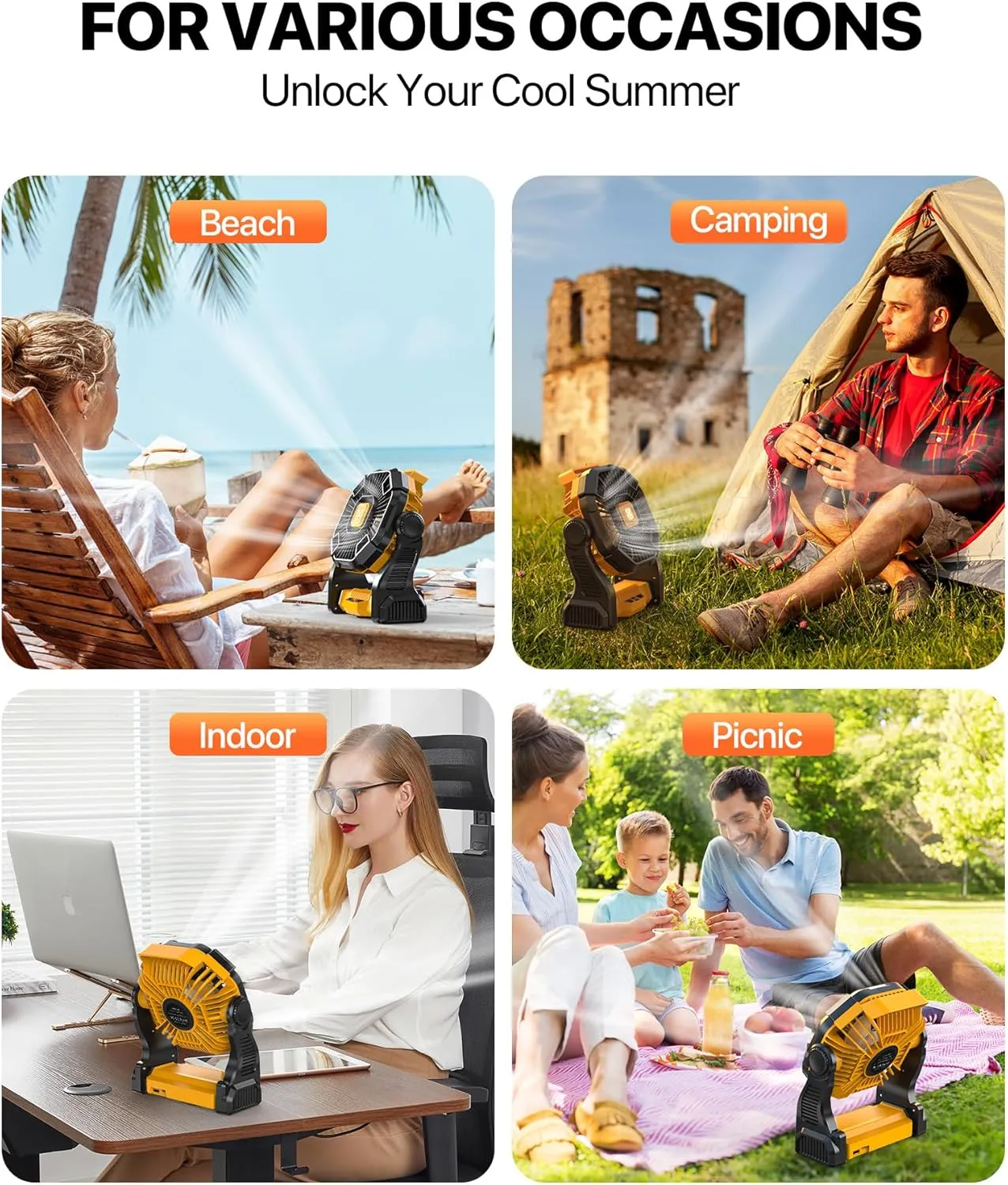 Camping Fan Rechargeable - Battery Powered Fans with Light, 20000mAh Portable Camping Fan for Tents, Hook, 270 Rotation Battery Operated Fans for BBQ Travel Desk Beach with Ventilador Recargable