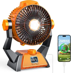 Camping Fan - Rechargeable Portable Battery Powered Camping Fans for Tents with LED Light, Power Display, Timers & 360 Hanging Hook, Ultra Quiet USB Personal Tent Fan for Fishing Travel Home Office 360-degree rotating fan for home use