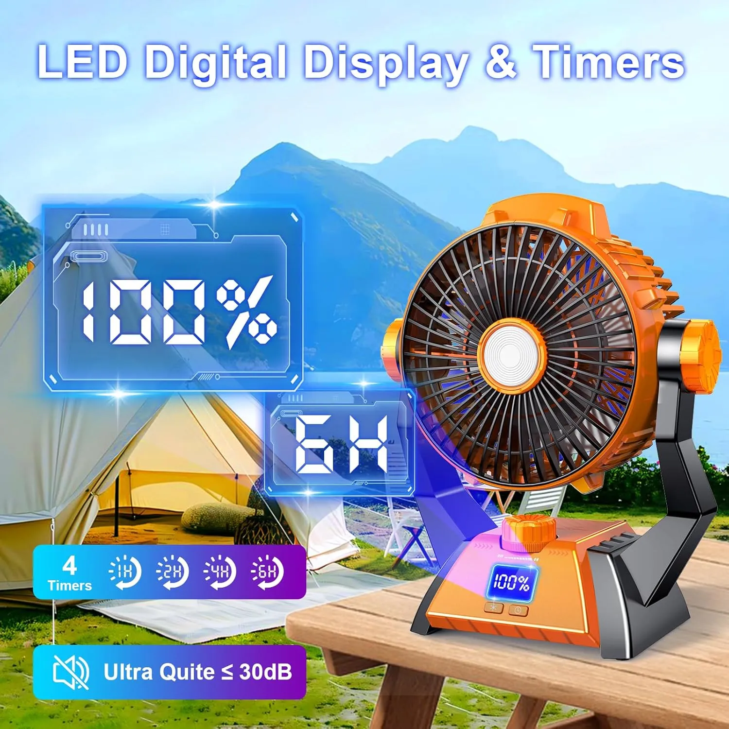 Camping Fan - Rechargeable Portable Battery Powered Camping Fans for Tents with LED Light, Power Display, Timers & 360 Hanging Hook, Ultra Quiet USB Personal Tent Fan for Fishing Travel Home Office