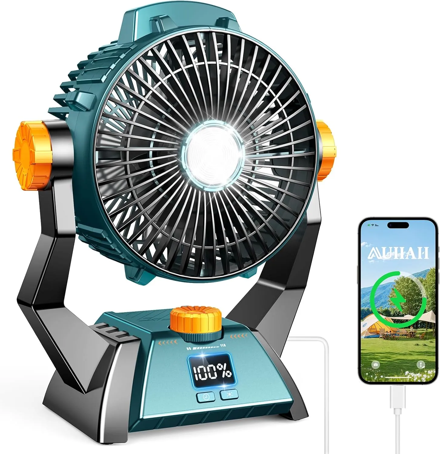 Camping Fan - Rechargeable Portable Battery Powered Camping Fans for Tents with LED Light, Power Display, Timers & 360Hanging Hook, Ultra Quiet USB Personal Tent Fan for Fishing Travel Home Office 2-in-1 camping light and fan combo