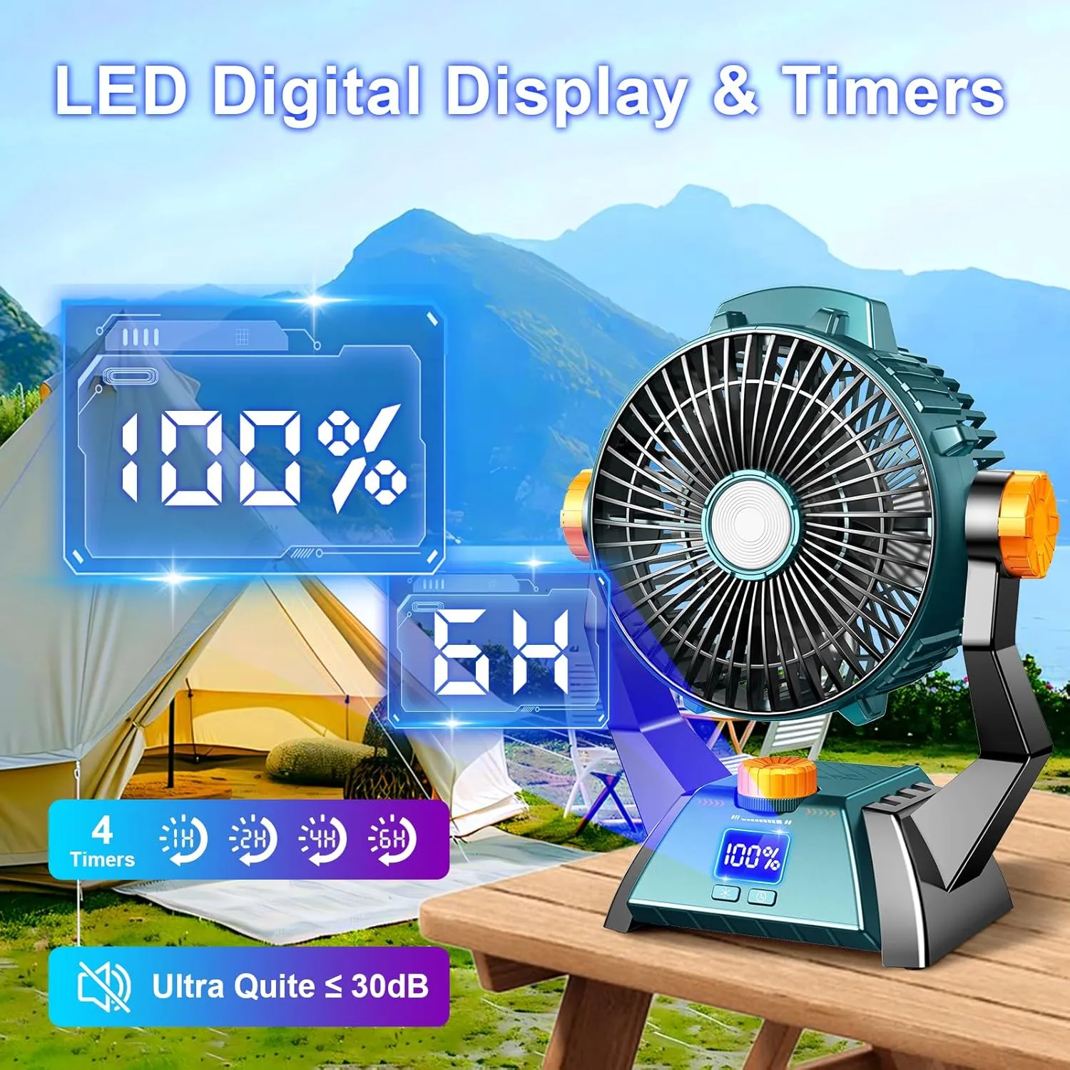 Camping Fan - Rechargeable Portable Battery Powered Camping Fans for Tents with LED Light, Power Display, Timers & 360Hanging Hook, Ultra Quiet USB Personal Tent Fan for Fishing Travel Home Office