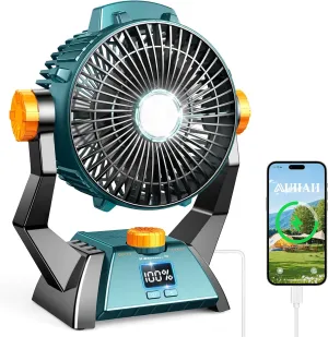 Camping Fan - Rechargeable Portable Battery Powered Camping Fans for Tents with LED Light, Power Display, Timers & 360Hanging Hook, Ultra Quiet USB Personal Tent Fan for Fishing Travel Home Office 2-in-1 camping light and fan combo