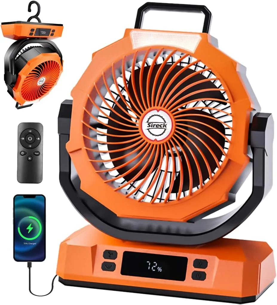 Camping Fan Rechargeable Portable Fan, 20000mAh Battery Powered Fan with LED Light, 6 Wind Speeds Cordless USB Desk Fan for Tent, Travel (Orange) Battery-powered portable fan