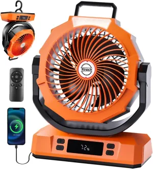 Camping Fan Rechargeable Portable Fan, 20000mAh Battery Powered Fan with LED Light, 6 Wind Speeds Cordless USB Desk Fan for Tent, Travel (Orange) Battery-powered portable fan