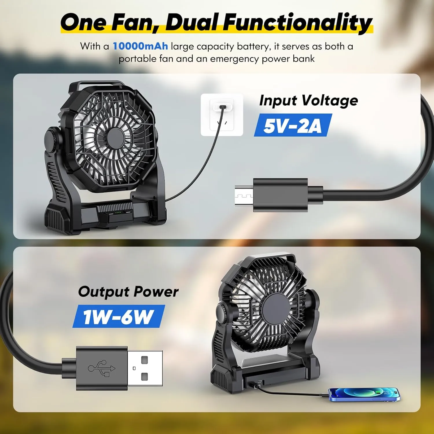 Camping Fan Rechargeable, Real 10000mAh Battery Powered Portable Fan with LED Light and Hook, Battery Operated Fan 10-Inch, USB Outdoor Portable Fans for Travel, Fishing, Picnic, Beach, Black