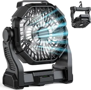 Camping Fan Rechargeable, Real 10000mAh Battery Powered Portable Fan with LED Light and Hook, Battery Operated Fan 10-Inch, USB Outdoor Portable Fans for Travel, Fishing, Picnic, Beach, Black Battery-powered portable fan