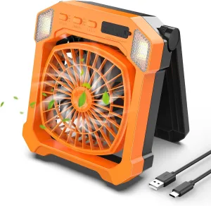 Camping Fan Solar Powered, Portable Solar Fan 10000mAh USB Rechargeable Battery Operated with Light, Quiet Outdoor Fans for Tent, RV, Emergency, Hiking, Power Outage, Desk, Greenhouse, Survival Kit 2-in-1 camping light and fan combo
