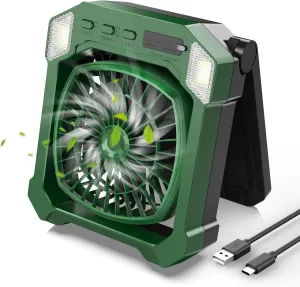 Camping Fan Solar Powered, Portable Solar Fan 10000mAh USB Rechargeable Battery Operated with Light, Quiet Outdoor Fans for Tent, RV, Emergency, Hiking, Power Outage, Desk, Greenhouse, Survival Kit 2-in-1 camping light and fan combo