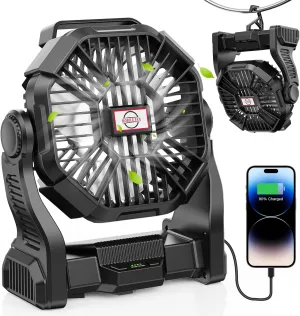 Camping Fan with LED Lantern, 15000mAh Portable Rechargeable Battery Powered Table Fan with Hook, Camping Gear for Picnic, Fishing, Car or Hurricane Power Outages (Black) Battery-powered portable fan