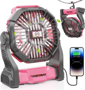 Camping Fan with LED Lantern, 15000mAh Portable Rechargeable Battery Powered Table Fan with Hook, Camping Gear for Picnic, Fishing, Car or Hurricane Power Outages (Pink) Battery-powered portable fan