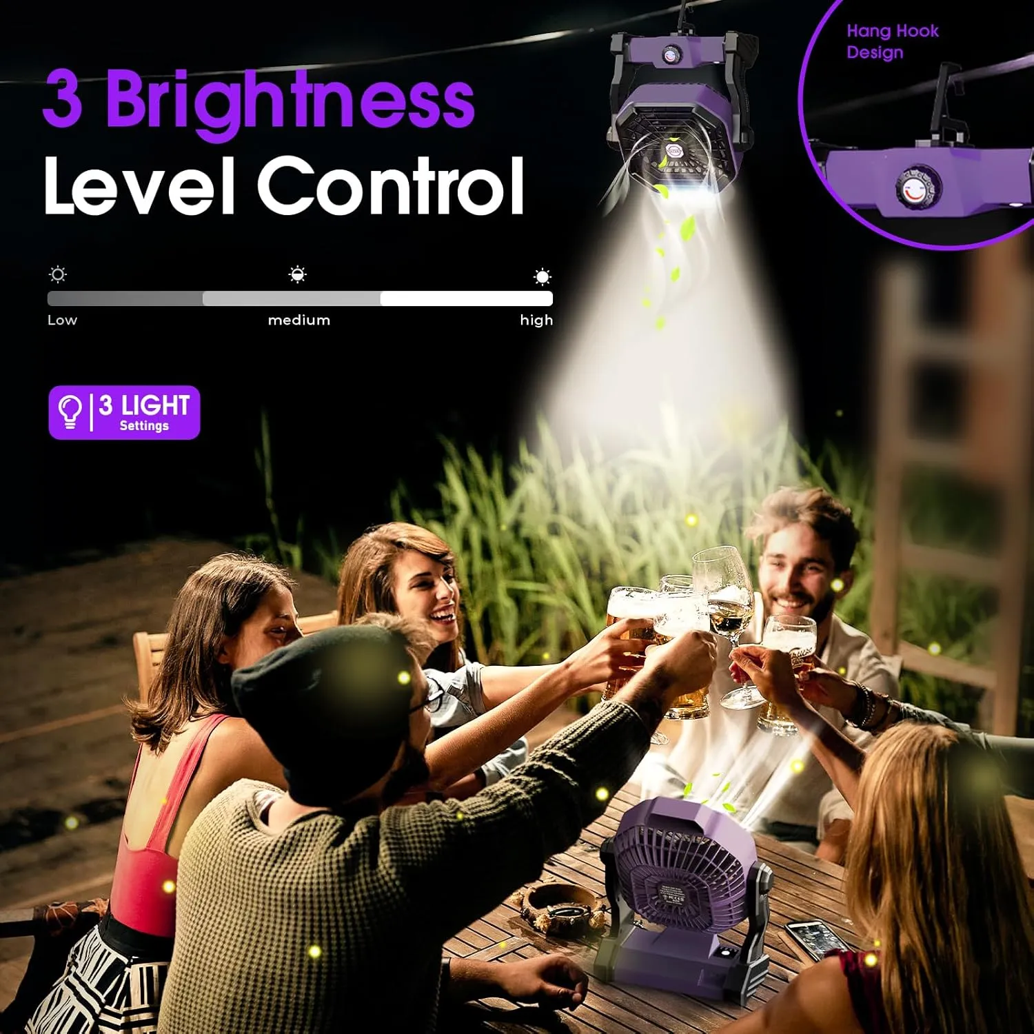 Camping Fan with LED Lantern, 20000 mAh 9 Inch Portable Rechargeable Battery Powered Fan with Stepless Speed and Quiet Battery Operated for Tent, Picnic, Barbecue, Fishing, Travel, Home