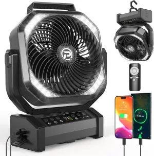 Camping Fan with LED Lantern, 20000mAh Rechargeable Battery Fan, Max 112Hrs Running,8 Speeds, Digital Display,4 Timer,Auto-Oscillating Table Fan with Remote & Hook for Camping, Power Outage, Hurricane Battery-powered portable fan