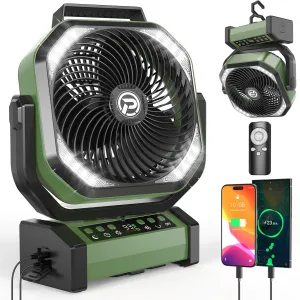 Camping Fan with LED Lantern, 20000mAh Rechargeable Battery Fan, Max 112Hrs Running,9 Speeds, Digital Display,4 Timer,Auto-Oscillating Table Fan with Remote & Hook for Camping, Power Outage, Hurricane Battery-powered portable fan