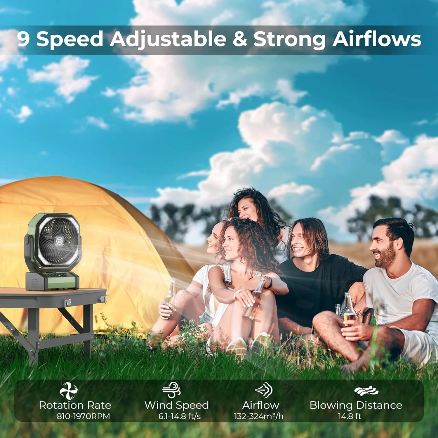 Camping Fan with LED Lantern, 20000mAh Rechargeable Battery Fan, Max 112Hrs Running,9 Speeds, Digital Display,4 Timer,Auto-Oscillating Table Fan with Remote & Hook for Camping, Power Outage, Hurricane