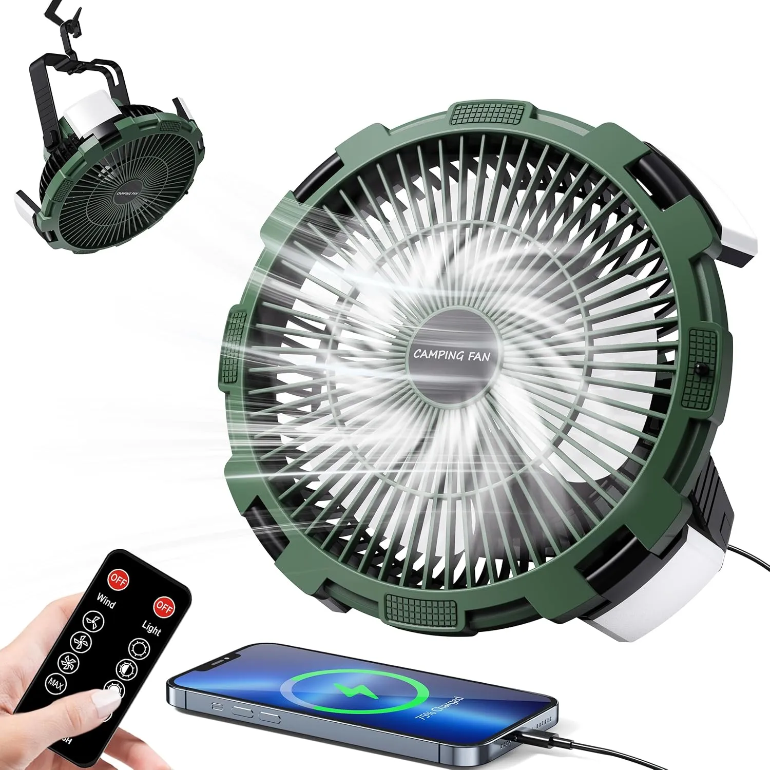 Camping Fan with LED Lantern, 8000mAh Rechargeable Battery Powered Tent Fan for Camping Hanging, Camping Outdoor Fan with Remote, 4 Speed Camping Fan for Tents,Travel,Home,Fishing,Sleep,Emergency 2-in-1 camping light and fan combo