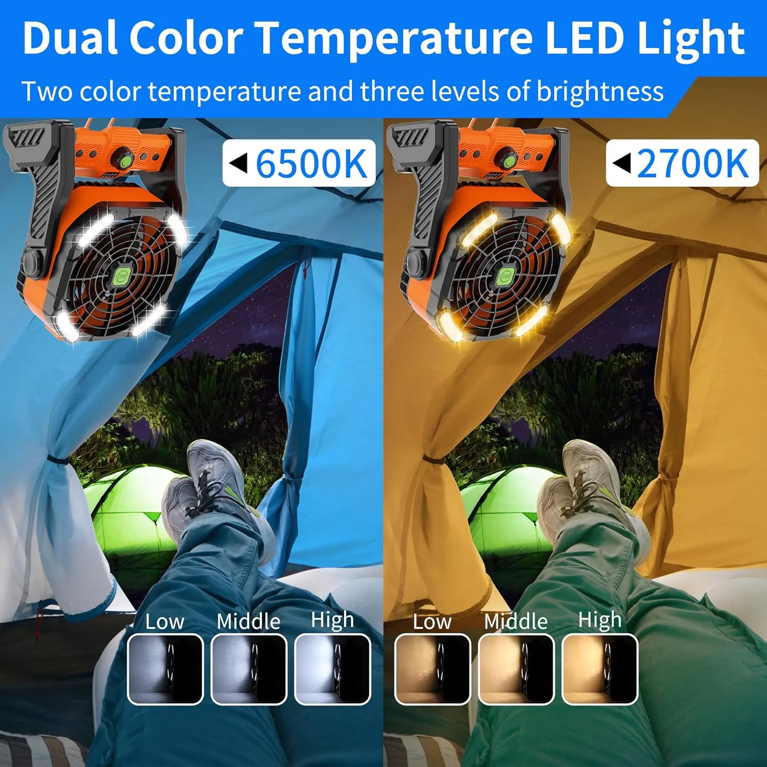 Camping Fan with LED Lantern, Portable Battery Powered Fan Rechargeable for Outdoor Camping Fans, 270Head Rotation, Quiet USB Table Fan Battery Operated for Tent Beach Picnic Orange X26
