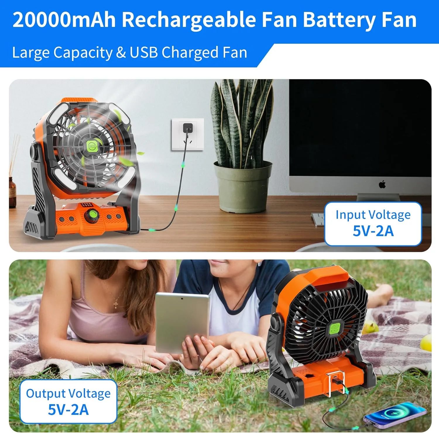 Camping Fan with LED Lantern, Portable Battery Powered Fan Rechargeable for Outdoor Camping Fans, 270Head Rotation, Quiet USB Table Fan Battery Operated for Tent Beach Picnic Orange X26