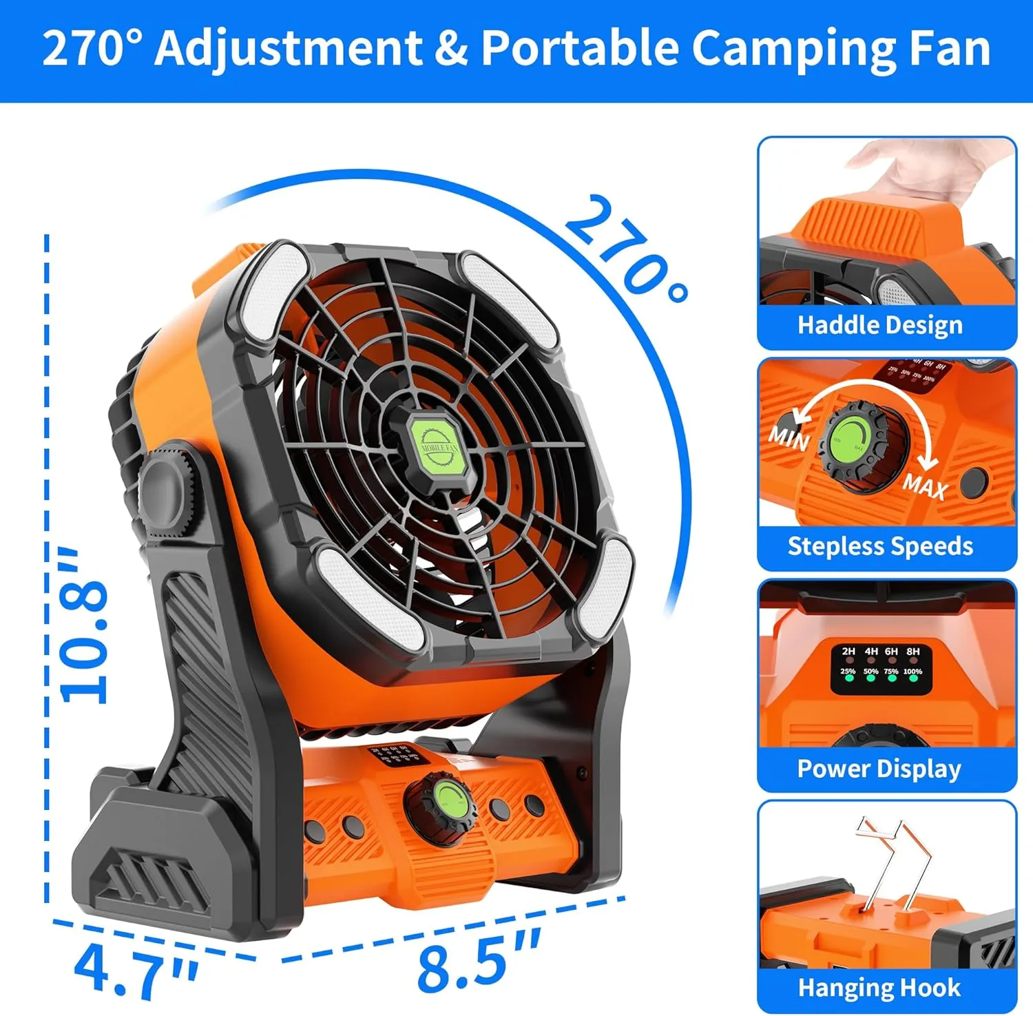 Camping Fan with LED Lantern, Portable Battery Powered Fan Rechargeable for Outdoor Camping Fans, 270Head Rotation, Quiet USB Table Fan Battery Operated for Tent Beach Picnic Orange X26