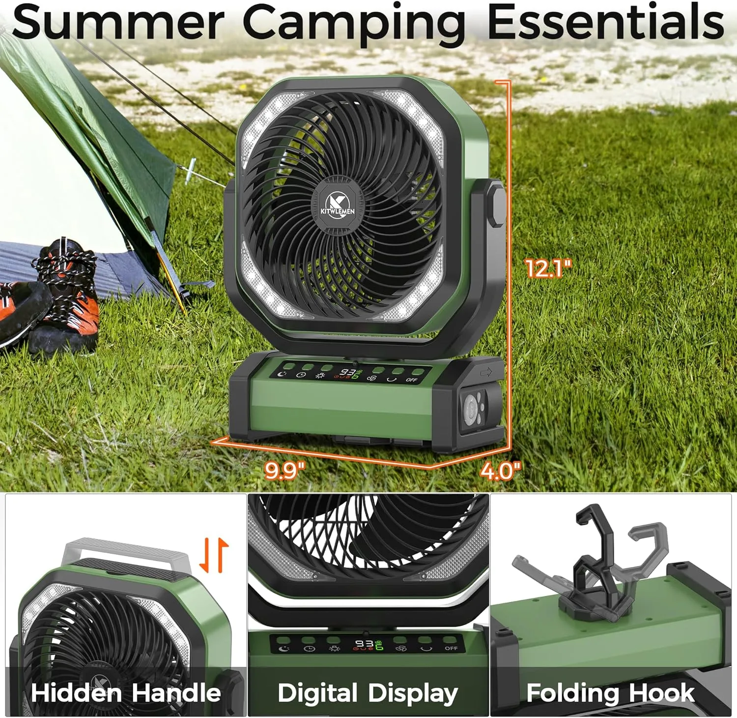 Camping Fan with Light - 20000mAh Rechargeable Battery Fan, 112Hrs Max Run Time, 8 Speeds, Digital Display, Timer, Auto Oscillation, 270 Pivot & Hook for Camping, Power Outage, Hurricane (Army Green)