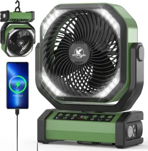 Camping Fan with Light - 20000mAh Rechargeable Battery Fan, 112Hrs Max Run Time, 8 Speeds, Digital Display, Timer, Auto Oscillation, 270 Pivot & Hook for Camping, Power Outage, Hurricane (Army Green) Battery-powered portable fan
