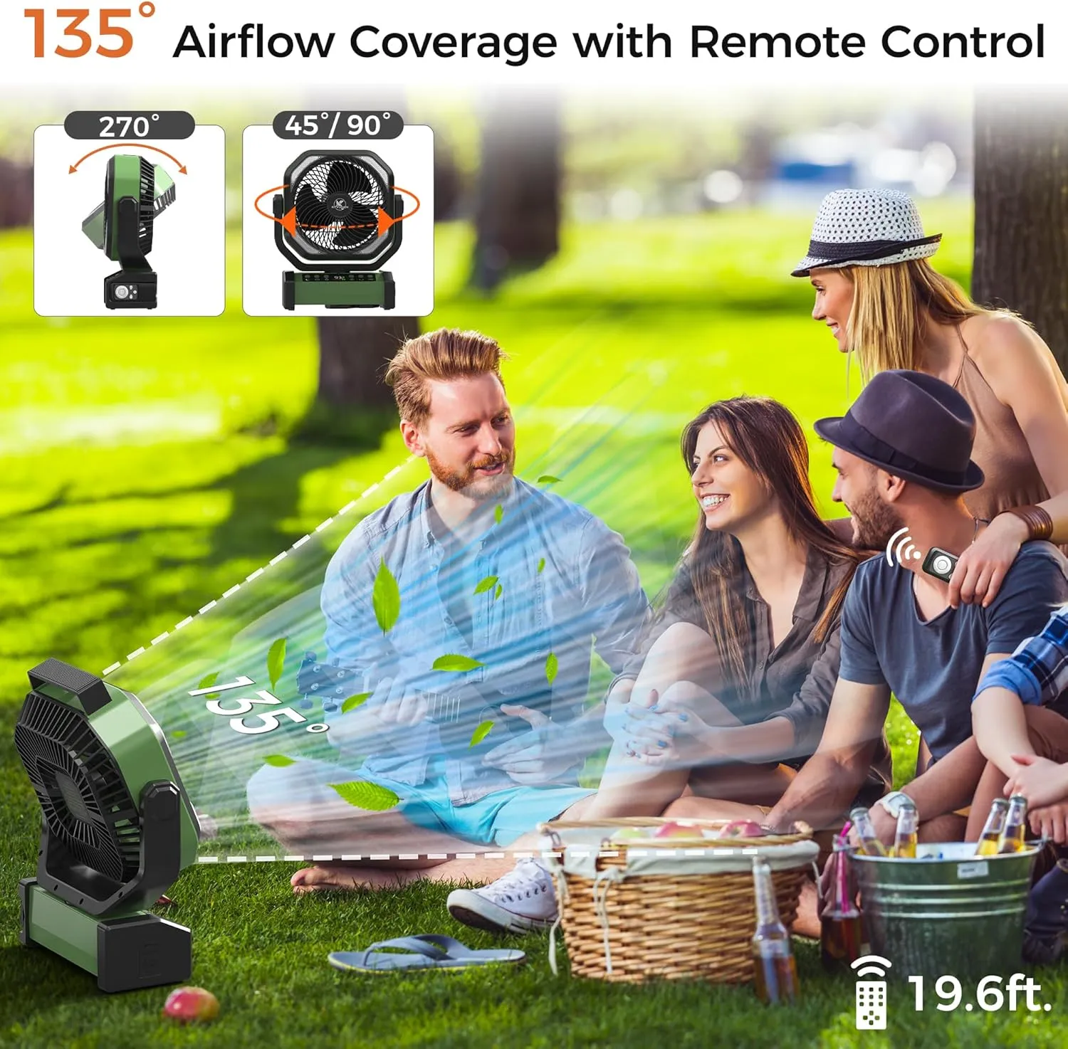 Camping Fan with Light - 20000mAh Rechargeable Battery Fan, 112Hrs Max Run Time, 8 Speeds, Digital Display, Timer, Auto Oscillation, 270 Pivot & Hook for Camping, Power Outage, Hurricane (Army Green)