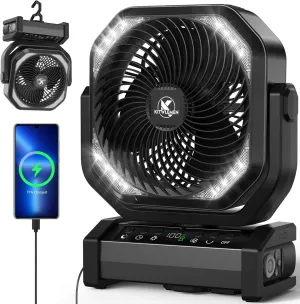 Camping Fan with Light - 20000mAh Rechargeable Battery Fan, 112Hrs Max Run Time, 8 Speeds, Digital Display, Timer, Auto Oscillation, 270 Pivot & Hook for Camping, Power Outage, Hurricane (Black) Battery-powered portable fan