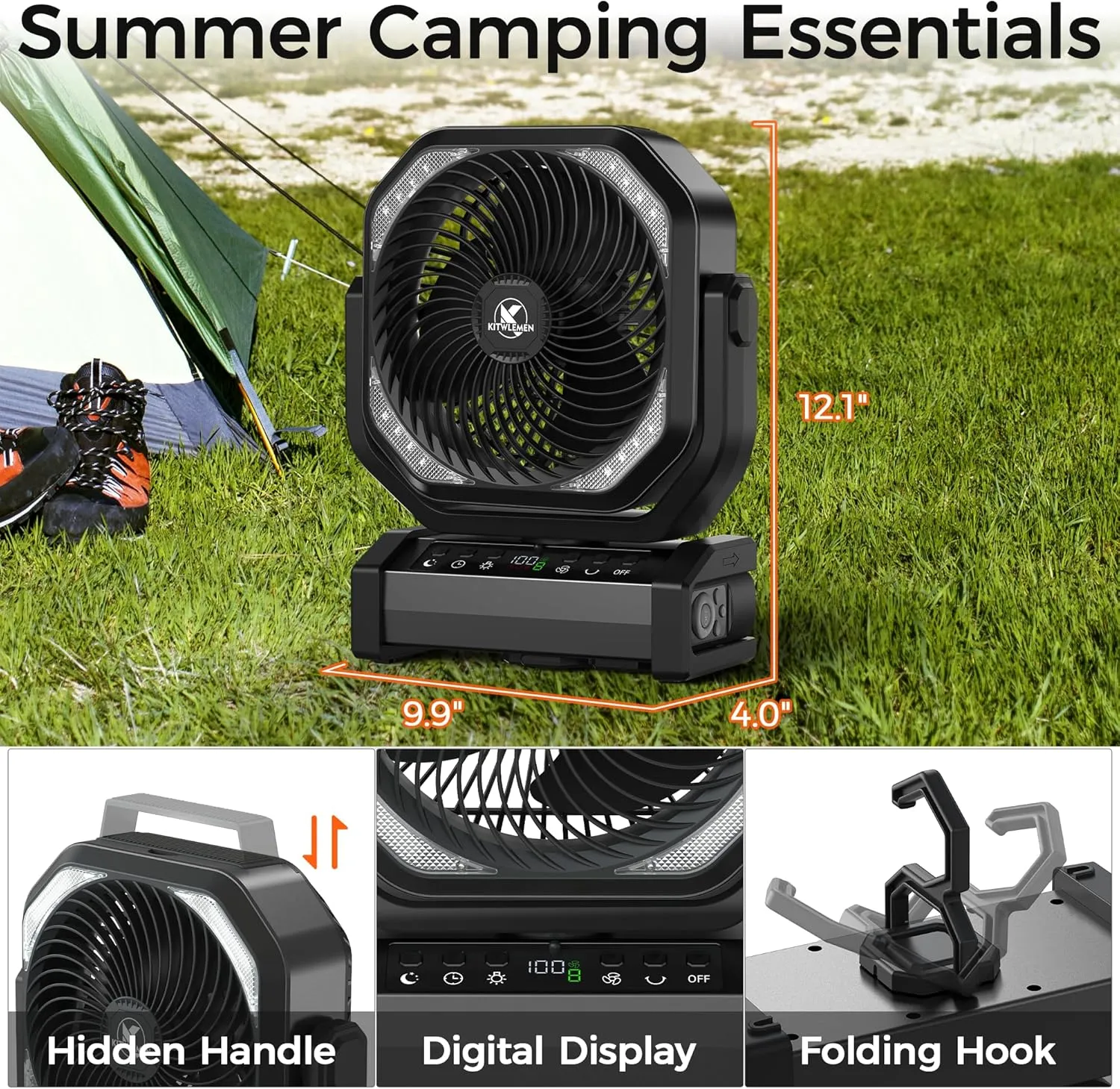 Camping Fan with Light - 20000mAh Rechargeable Battery Fan, 112Hrs Max Run Time, 8 Speeds, Digital Display, Timer, Auto Oscillation, 270 Pivot & Hook for Camping, Power Outage, Hurricane (Black)