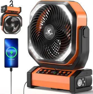 Camping Fan with Light - 20000mAh Rechargeable Battery Fan, 112Hrs Max Run Time, 8 Speeds, Digital Display, Timer, Auto Oscillation, 270 Pivot & Hook for Camping, Power Outage, Hurricane (Orange) Battery-powered portable fan