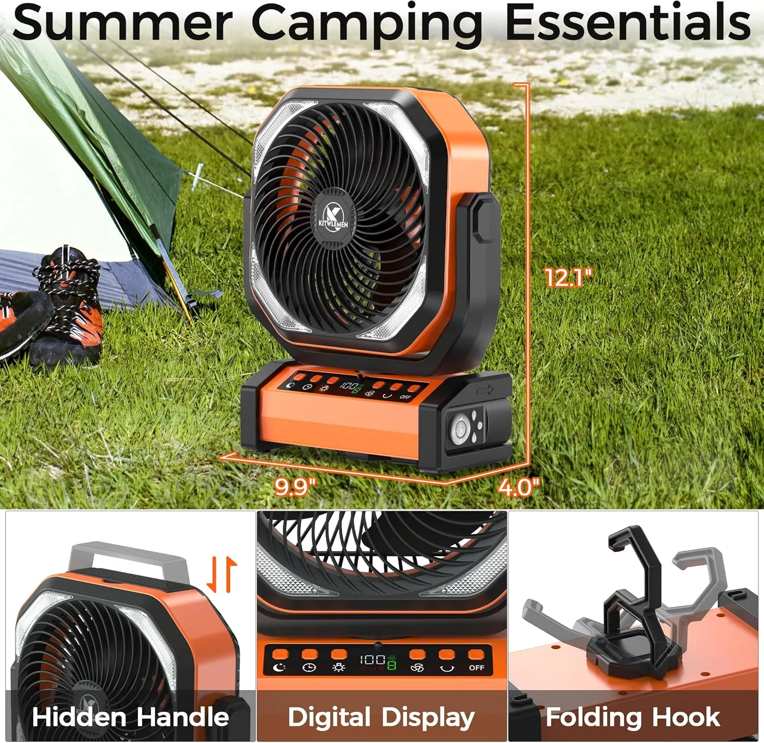 Camping Fan with Light - 20000mAh Rechargeable Battery Fan, 112Hrs Max Run Time, 8 Speeds, Digital Display, Timer, Auto Oscillation, 270 Pivot & Hook for Camping, Power Outage, Hurricane (Orange)