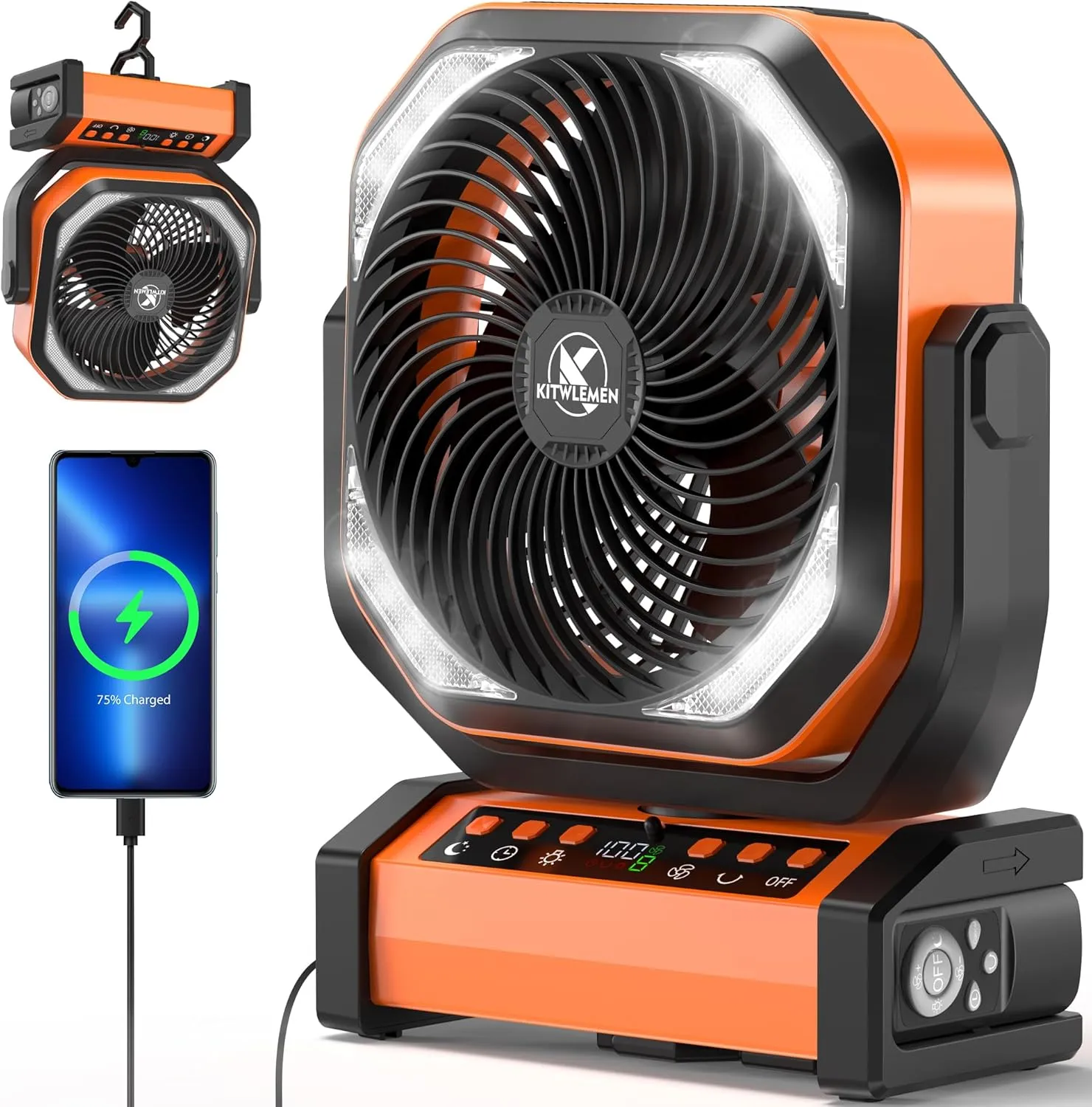 Camping Fan with Light - 20000mAh Rechargeable Battery Fan, 112Hrs Max Run Time, 8 Speeds, Digital Display, Timer, Auto Oscillation, 270 Pivot & Hook for Camping, Power Outage, Hurricane (Orange) Battery-powered portable fan