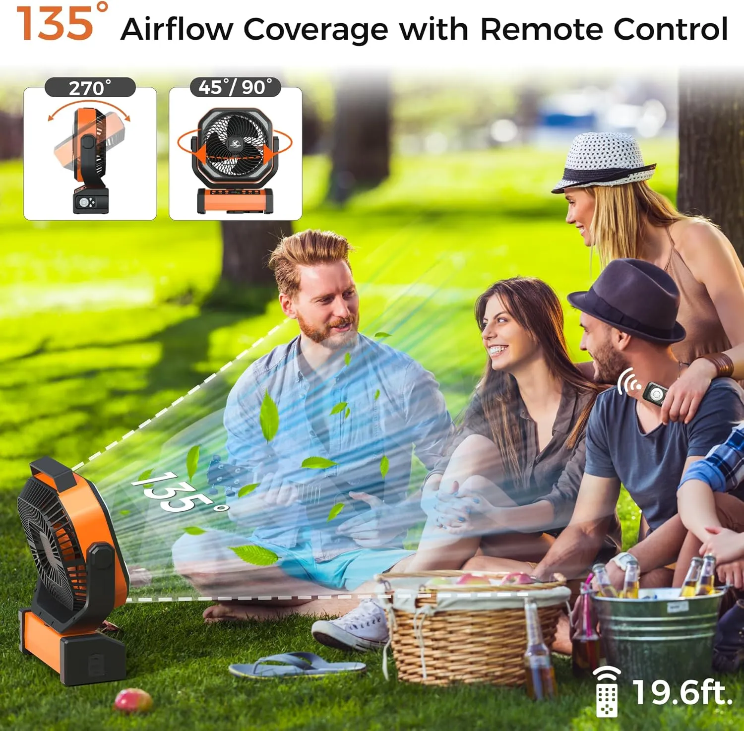 Camping Fan with Light - 20000mAh Rechargeable Battery Fan, 112Hrs Max Run Time, 8 Speeds, Digital Display, Timer, Auto Oscillation, 270 Pivot & Hook for Camping, Power Outage, Hurricane (Orange)