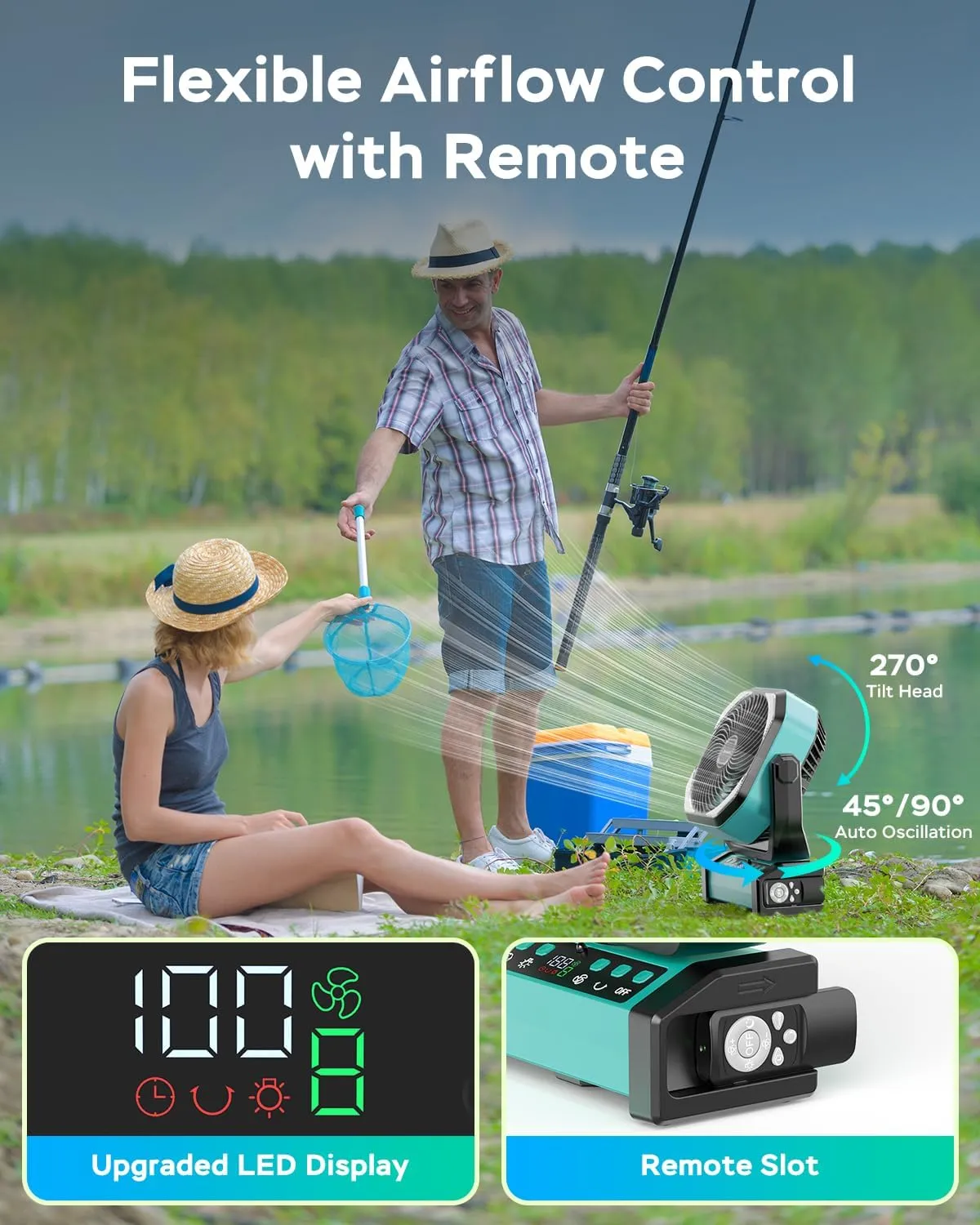 Camping Fan with Light, 20000mAh Rechargeable Battery Operated Fan, 112H Max Cooling Time, 8 Speeds, Digital Display, Remote Control, 270Pivot with Hook for Tent Car RV Power Outage Hurricane
