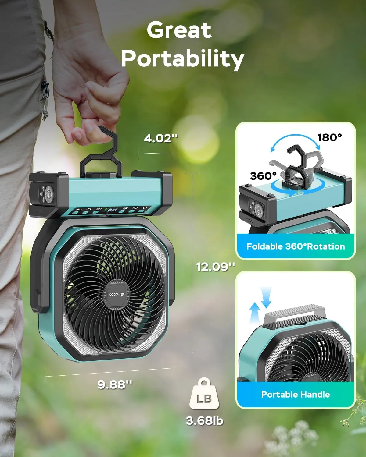 Camping Fan with Light, 20000mAh Rechargeable Battery Operated Fan, 112H Max Cooling Time, 8 Speeds, Digital Display, Remote Control, 270Pivot with Hook for Tent Car RV Power Outage Hurricane