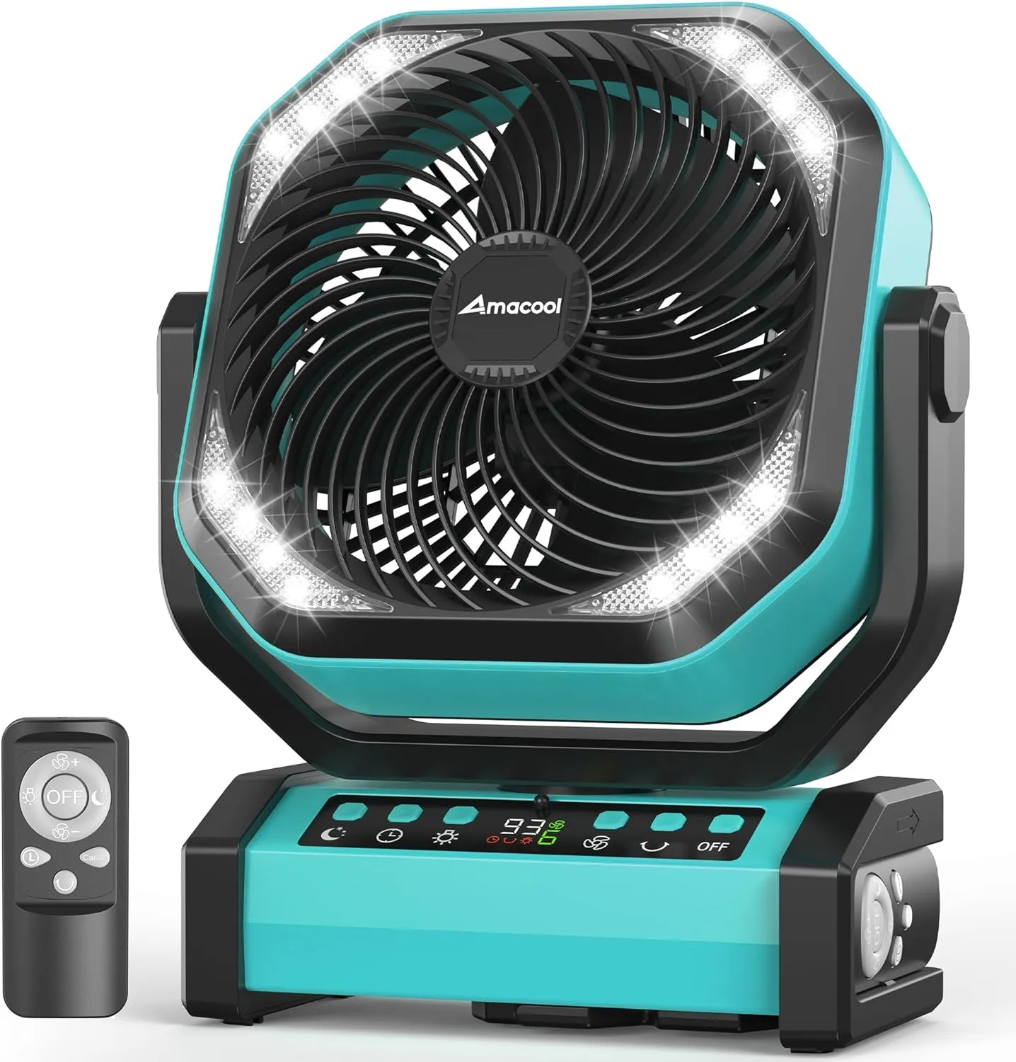 Camping Fan with Light, 20000mAh Rechargeable Battery Operated Fan, 112H Max Cooling Time, 8 Speeds, Digital Display, Remote Control, 270Pivot with Hook for Tent Car RV Power Outage Hurricane Battery-powered portable fan
