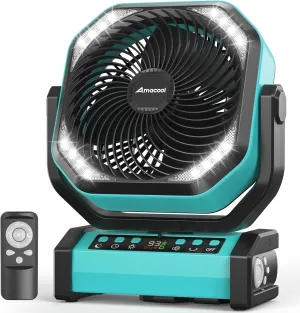Camping Fan with Light, 20000mAh Rechargeable Battery Operated Fan, 112H Max Cooling Time, 8 Speeds, Digital Display, Remote Control, 270Pivot with Hook for Tent Car RV Power Outage Hurricane Battery-powered portable fan