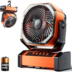 Camping LED Fan with Light, 20000mAh Rechargeable Battery Powered Outdoor Tent Fan with Light and Hook, 4 Speed, Personal USB Desk Fan for Camping, Fishing, Power Outage,Hurricane, Worksite 360-degree rotating fan for home use