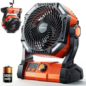 Camping LED Fan with Light, 20000mAh Rechargeable Battery Powered Outdoor Tent Fan with Light and Hook, 6 Speed, Personal USB Desk Fan for Camping, Fishing, Power Outage,Hurricane, Worksite 360-degree rotating fan for home use