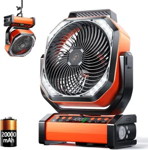Camping LED Fan with Light, 20000mAh Rechargeable Battery Powered Outdoor Tent Fan with Light and Hook, 8 Speed, Personal USB Desk Fan for Camping, Fishing, Power Outage,Hurricane, Worksite 360-degree rotating fan for home use