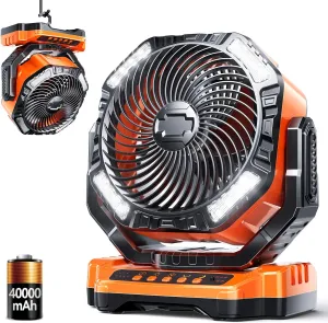 Camping LED Fan with Light, 40000mAh Rechargeable Battery Powered Outdoor Tent Fan with Light and Hook, 4 Speed, Personal USB Desk Fan for Camping, Fishing, Power Outage,Hurricane, Worksite 360-degree rotating fan for home use