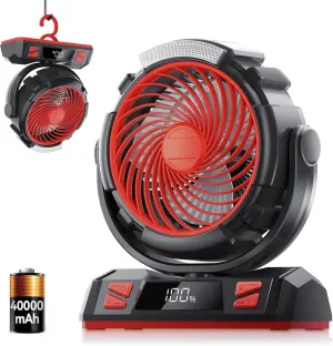 Camping LED Fan with Light, 40000mAh Rechargeable Battery Powered Outdoor Tent Fan with Light and Hook, 6 Speed, Personal USB Desk Fan for Camping, Fishing, Power Outage,Hurricane, Worksite 360-degree rotating fan for home use