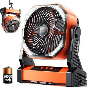 Camping LED Fan with Light,20000mAh Rechargeable Battery Powered Outdoor Tent Fan with Light and Hook, 4 Speed, Personal USB Desk Fan for Camping, Fishing, Power Outage,Hurricane, Worksite 360-degree rotating fan for home use