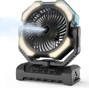 Camping Misting Fan - 30000mAh Portable Battery Powered Fans with 9oz Water Tank, Light, Hook - Rechargeable, 120H Cooling, Last 5H Mist, 4 Speed, Sleep Mode - Outdoor Fan for Travel, Patios, Fishing Battery-powered portable fan