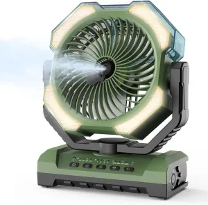 Camping Misting Fan - Portable Rechargeable Fan with 9oz Tank, Light, Hook - Battery Power 120H MAX Working, Fast Cooling, 4 Speed, Timer, Sleep Mode, for Outdoor, Travel, Patios, Beach Battery-powered portable fan