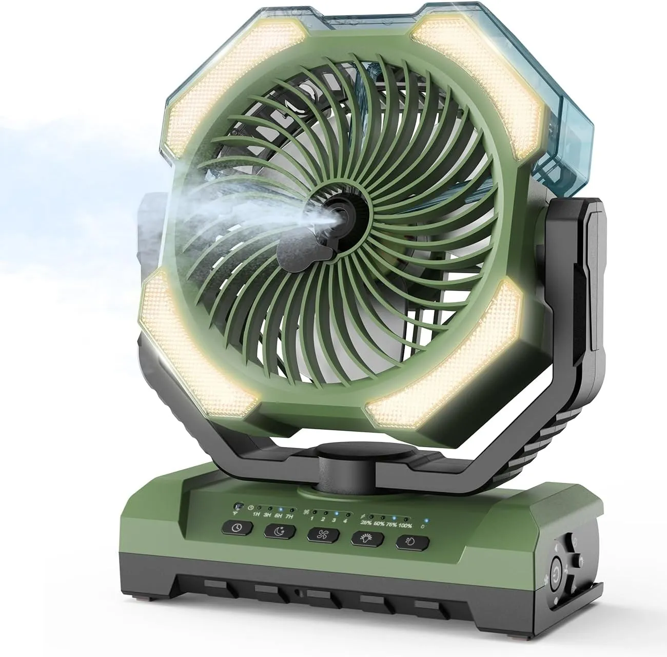 Camping Misting Fan - Portable Rechargeable Fan with 9oz Tank, Light, Hook - Battery Power 120H MAX Working, Fast Cooling, 4 Speed, Timer, Sleep Mode, for Outdoor, Travel, Patios, Beach Battery-powered portable fan