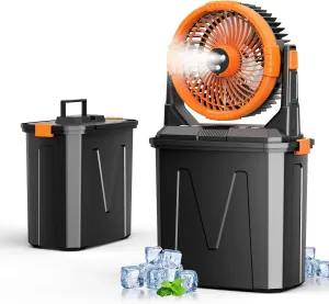 Camping Misting Fan with LED Lantern, 20000mAh Rechargeable Battery Operated Fan with 3 Large Spray Outlets & Hanging Hook, 4 Speeds,Remote Control for Camping, Fishing,Travel Battery-powered portable fan