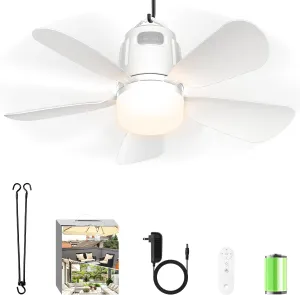 Canopy Fan 20'', 20000mAh Portable Outdoor Ceiling Fan with Light with Remote Control and Extension Hook, Easy Operation Battery Powered Fan Light for Gazebo, Tent, Patio, Camping Battery-powered portable fan