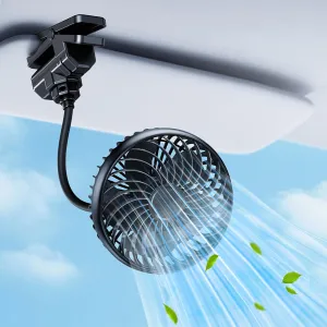 Car Clip on Fan, Long Hose 5V USB 2000mAh Rechargeable USB/Battery Powered Small Fan for Seat Headrest/Visor, Portable Adjustable Car Seat Fans for Baby Dog Kids Rear Facing, Sedan Suv Rv Truck Rear-mounted fan for childrens safety