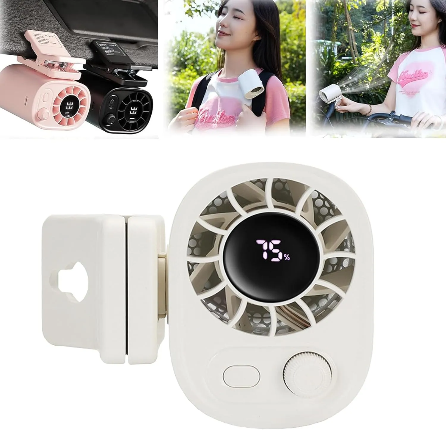 Car Clip On Fan with LED Display - 360 Rotation, 100 Speeds Adjustable, Portable Mini Personal Fan, USB Rechargeable, Compact Fans for Travel, Work, Camping (White) 360-degree rotating fan for home use